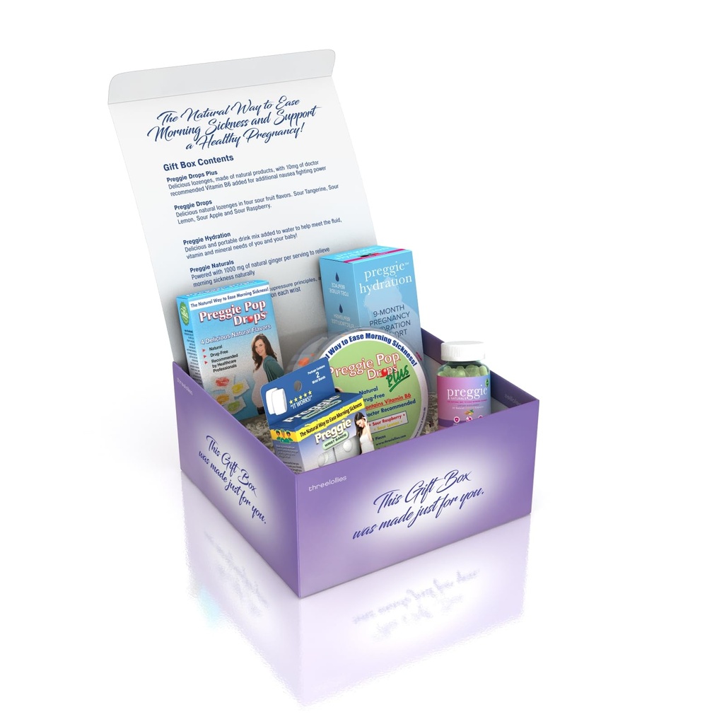 Three Lollies Preggie Gift Box - Natural, Pregnancy Nausea Relief Essentials with Anti-Sickness Lozenges, Hydration Packets, Ginger Capsules, & Anti-Nausea Bands for Morning Sickness