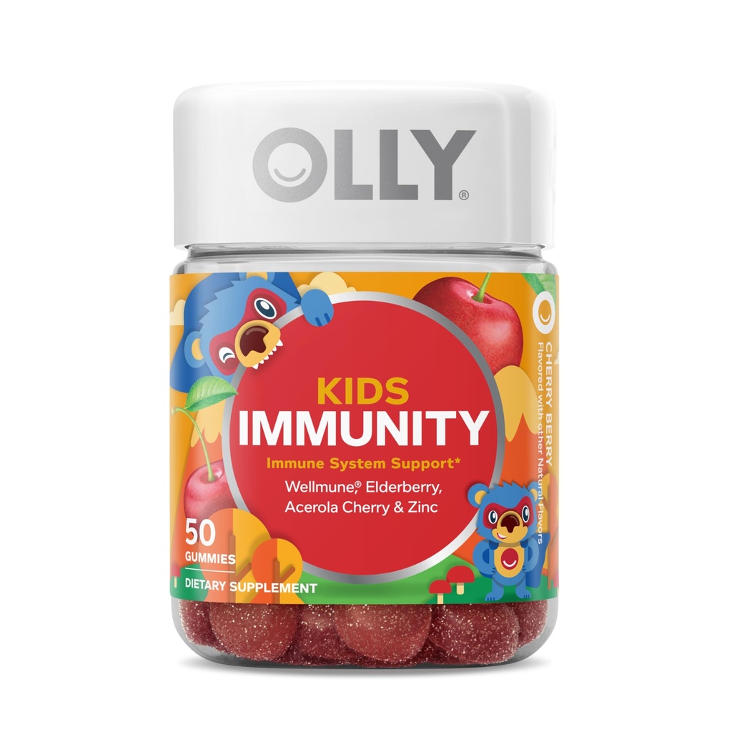 OLLY Kids Immunity Gummy, Immune Support, Wellmune, Vlierbes, Vitamine C, Zink, Kauwbare Supplement, Cherry - 50 Tellen