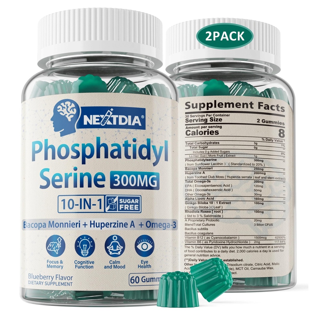 Fosfatidylserine - Nootrope Brian Supplement, Focus & Energy Gummies+ Bacopa Monnieri, Omega 3, Huperzine A, Methyl B12 & B6 voor Senioren, Gamers, Werknemers, Non-GMO, Cafeïnevrij, Suikervrij, 2 Pack
