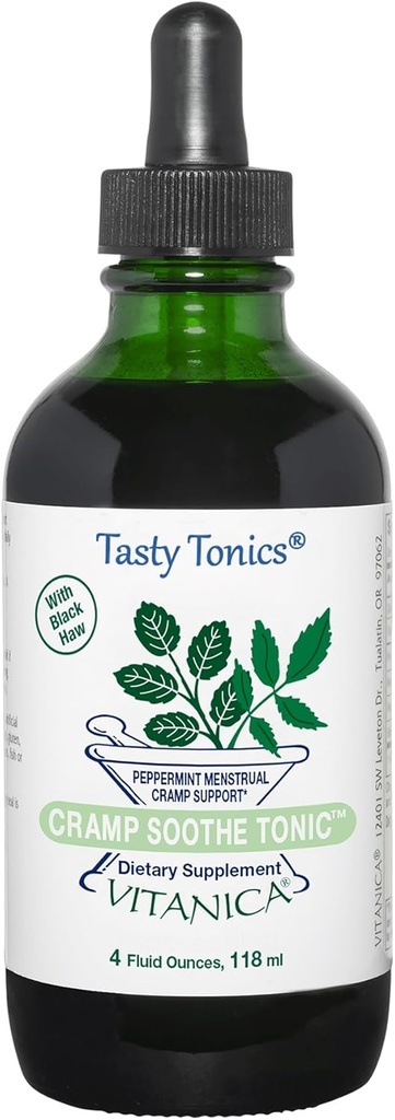 Vitanica Cramp Soothe Tonic, Dr. Formulated Menstrual Cramp Support, met Black Haw Bark, Valerian Root, Ginger Root, en Garrya Herb, Alcoholvrij, Veganist, 4 Ounce- Pro Logo