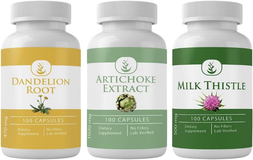 PURE ORIGINEEL INGREDIËNTEN Artichoke Extract, melkdistel, & Dandelion wortel capsule bundel (100 capsules elk), Geen additieven of fillers, Lab geverifieerd