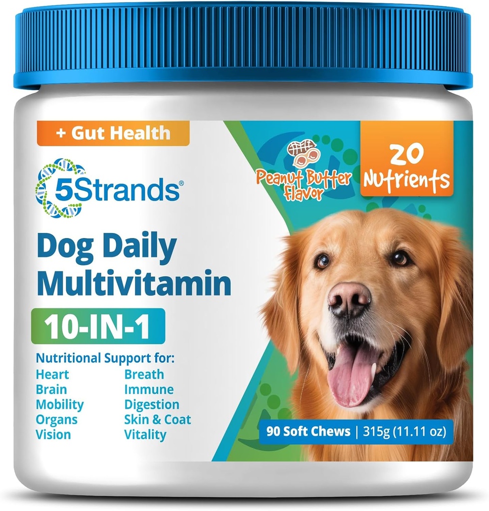 5Strands Honden Multivitamine Kauwen, 10-in-1, Vitaminen & Postbiotica, Alle leeftijden & Ras - Vertering, Hersenen, Organen, Hart, Mobiliteit, Visie, Huid & Coat, Immuniteit - Hondensupplement (Peanut Butter, 90ct)