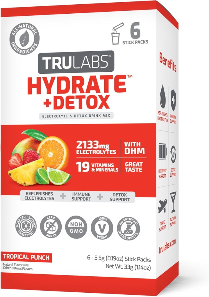 TRULABS Hydrate + Detox - Tropical Punch. Sugar Free Electrolytes Hydration Packets. Each Serving Contains 1422 mg of Electrolytes &19 Vitamins & Minerals & DHM (6ct)