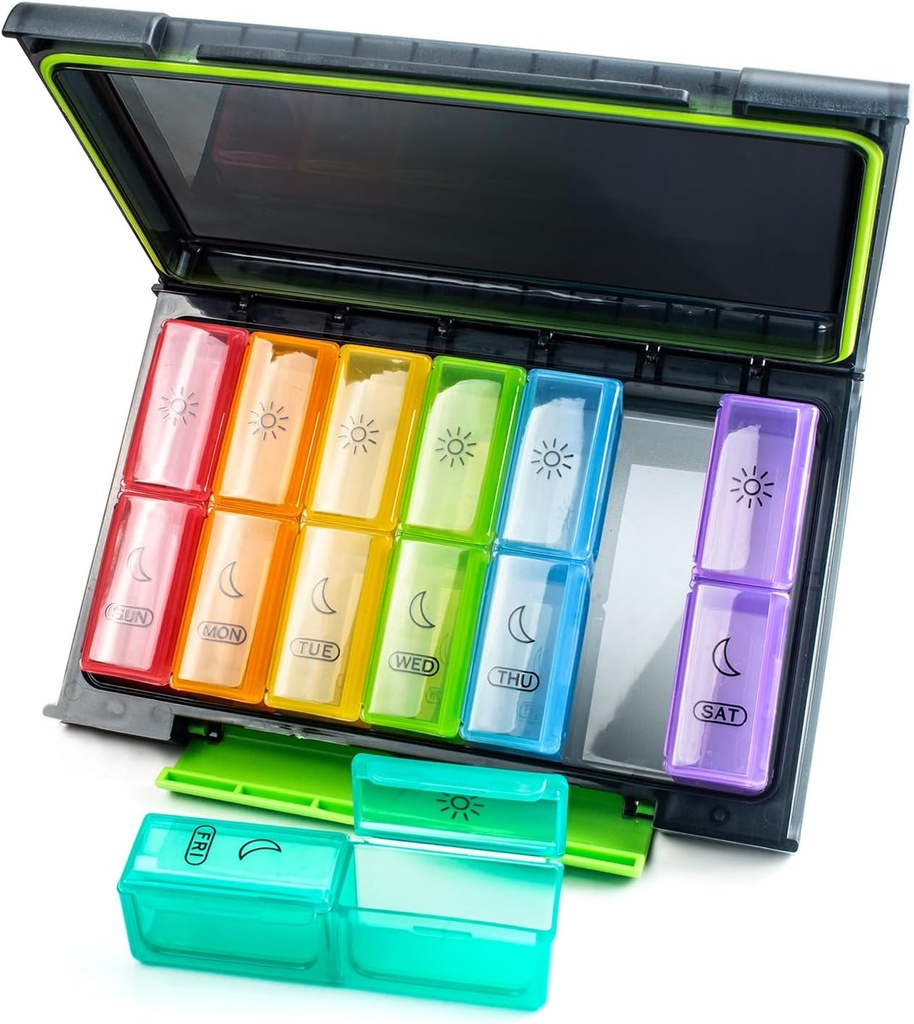 Wekelijkse pil Organisator 2 keer per dag, Vocht-Proof 7 dagen pil geval, Grote pildoos Portable voor reizen met verwijderbare individuele containers om vitamines, supplementen en medicijnen vast te houden
