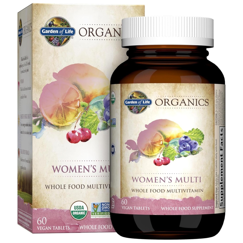 Garden of Life Organics Biologische Multivitamine voor vrouwen - Womens Multi met vitamine C, D, Folate, B6, B12, Biotin, Iron, Vegan Whole Food Vitaminen voor vrouwen, Energie, Huid, Nagels, 60 tabletten