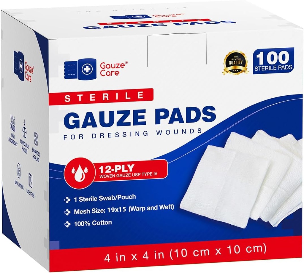 100pc Grote Steriel Gaas Pads 4x4 Steriel voor wonden Bulk - 12ply Geweven Gaas Sponges 4x4 Steriel - USP IV Ademend Mesh 4x4 Gauze Pads Steriel voor verbeterde absorptie - EHBO Medisch