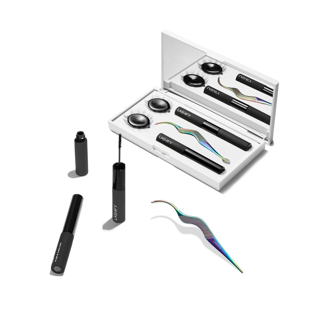 Lashify Control Kit - Complete DIY Eye Lash Starter Set - Versterk Gossamer Black 10mm, 12mm, White Travel Case, Petite Wand