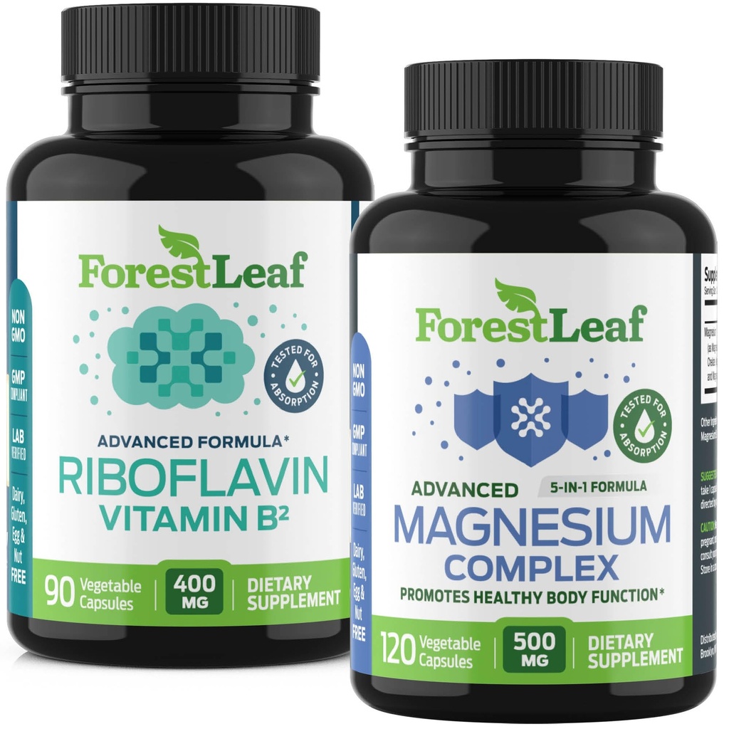ForestLeaf Riboflavine & Magnesium Migraine Supplement - Riboflavine 400 mg voor hoofdpijn verlichting - Ultimate Magnesium bundel met B2 Vitamine 400 mg voor hoofdpijn Migraine Relief Capsules