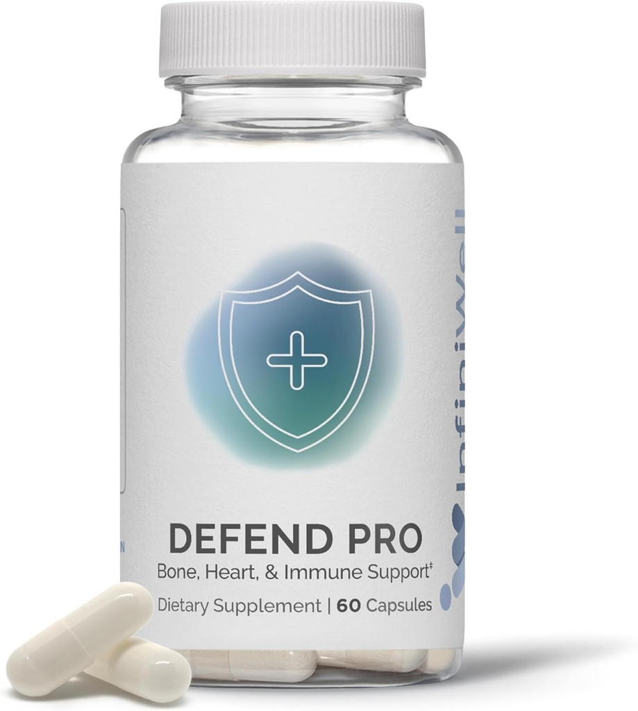 InfiniWell Defend Pro Bone & Immune Support Supplement - Vitamine A, D3 & K2 Supplement - Biobeschikbaarheid, actieve voedingsstoffen - 250 mcg VIT D - Hulp botsterkte, hartgezondheid en meer (60 capsules)