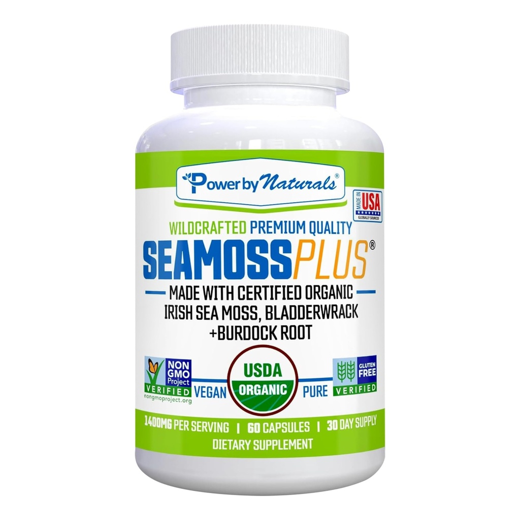 Power by Naturals SeaMoss Plus - USDA Organic Irish Sea Moss Capsules w/Wild Harvested Irish Seamoss, Bladderwrack & Burdock Root Immunity Supplement Sea Moss Pillen for Adult 60Ct - 1 Pack