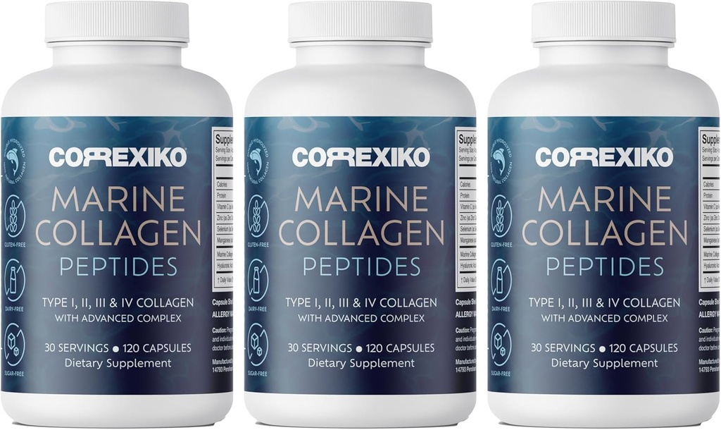 CORREXIKO Marine Collagen Supplement Pills - 1800mg Hydrolyzed Collagen Peptides per Serving with Added Hyaluronic Acid, Vitamin C & Minerals - for Hair, Skin & Nails - 360 Capsules 3 Month Supply