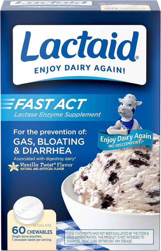 Lactaid Fast Act Lactose Intolerance Kauwtabletten met Lactase Enzymen, Vanille, 60 Tellen