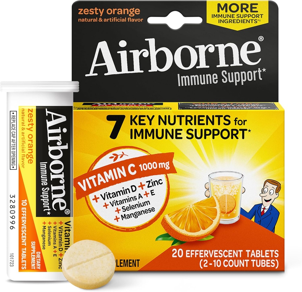 Airborne 1000mg vitamine C met zink Effervescent tabletten, Immune Support Supplement met krachtige antioxidanten Vitaminen A C & E - 20 Fizzy Drink Tablets, Zesty Orange Flavor