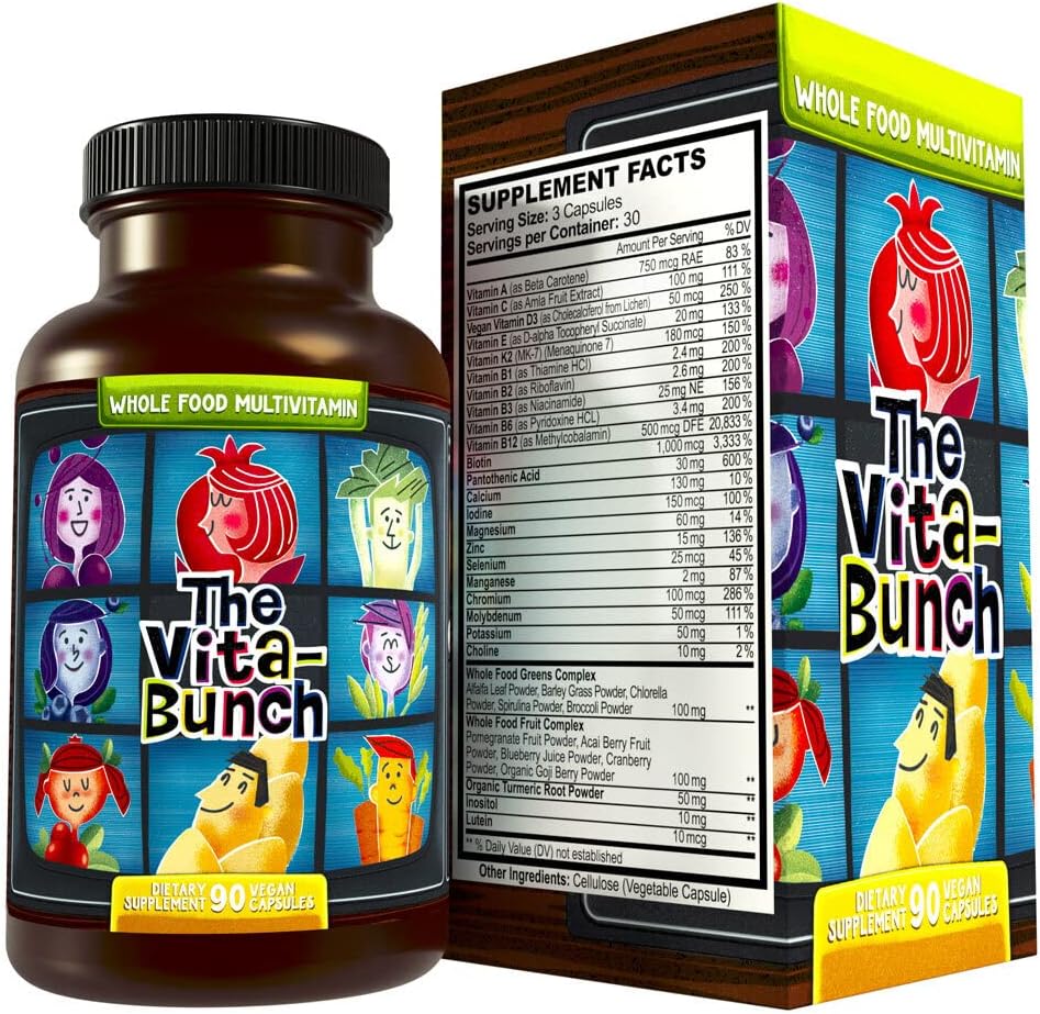 Whole Food Multivitamine Fruit & Super Greens All-in-one Vitamine Complex, 90 Vegan Capsules - dagelijkse vitamine voor vrouwen en mannen - ijzer, zink, B12, vitamine A, D3 en meer