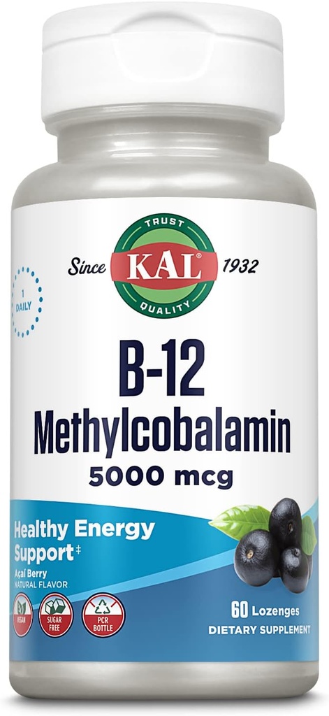 KAL Vitamine B-12 Methylcobalamine Lozenges 5000mcg, gezonde energie, stofwisseling, zenuw- en rodebloedcelondersteuning,* Optimale absorptie, natuurlijke Acai smaak, veganistisch, suikervrij, 60 porties, 60 lozen