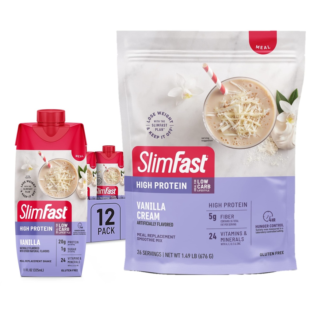 SlimFast High Protein Vanille Bundle- 12 Graaf van Vanilla High Protein Meal Replacement Shakes (20g Proteïne) met 26 porties Vanilla High Protein Powder Mix (20g Proteïne)
