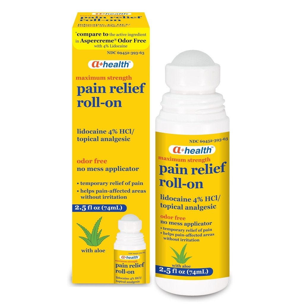 A+Health Pain Relief Roll-On Liquid, Lidocaine 4%, Odor Free, Maximum Strength Pain + Itch Relief with Aloe, Made in USA, 2.5 fl Ounces