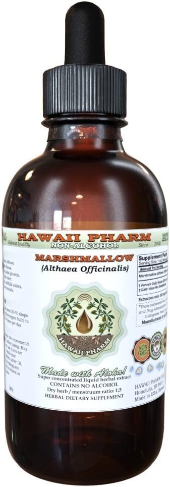Hawaii Pharm Marshmallow Alcoholvrij Liquid Extract, Biologische Marshmallow (Althaea officinalis) Gedroogde Blad Glyceriet Natural Herbal Supplement, VS 2 oz