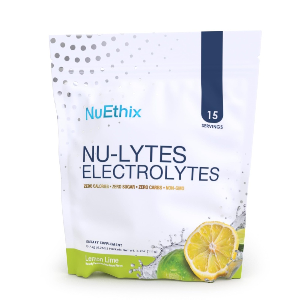 NuEthix Formuleringen NU-LYTES Electrolytes Hydration Packets, Zero Calories, Zero Sugar, Zero Carbs, Non-GMO, Electrolytes Powder Packets, Glycogen Replenishment, 15 Servings (Lemon Lime)