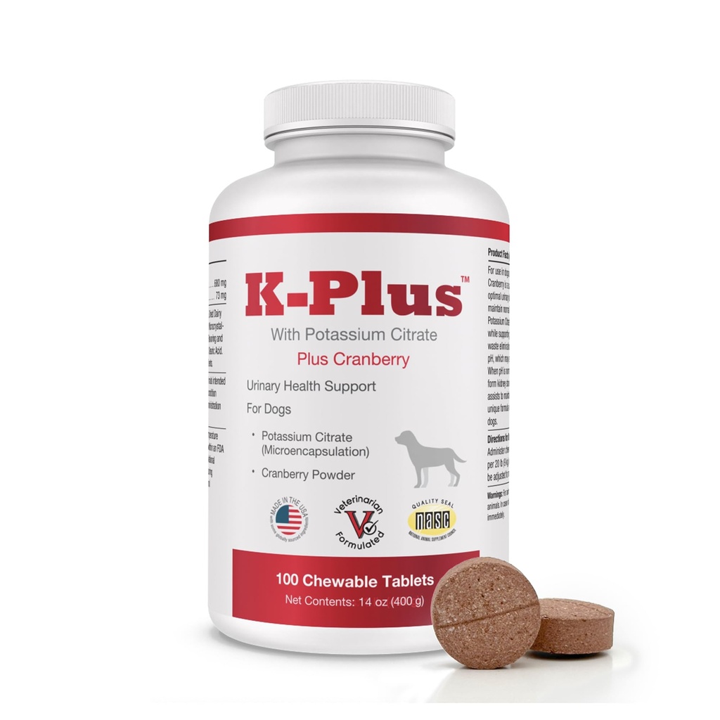 K-Plus Kalium citraat Plus Cranberry Supplement voor honden - UTI Remedy kauwtabletten - Ondersteunt Bladder Gezondheid - Voor elke hondenras (100 Tabs)