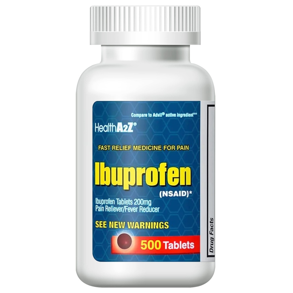 HealthA2Z® Ibuprofen 200mg, NSAID, Pain Reliever, Fever Reducer, Headache, Body Aches, Back Pain, Arthritis, Menstrual Cramps, 500 Caplets