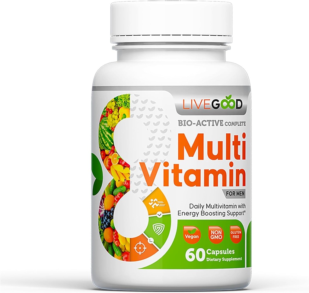 LiveGoodTM Mannen Bio-Active Complete Multivitamine, Dagelijkse Supplement met Vitamine A, B12, C, E, Lycopeen, Vegan, 60 Capsules