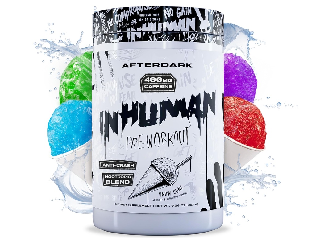 AFTERDARK INHUMAN Pre-Workout Powder, Enhanced Mind-Muscle Connection, Sustained Energy, Potent Nootropic Blend, Veganistisch, Glutenvrij, Soy-Free, 400mg Cafeïne, Geen Crash, SnowCone