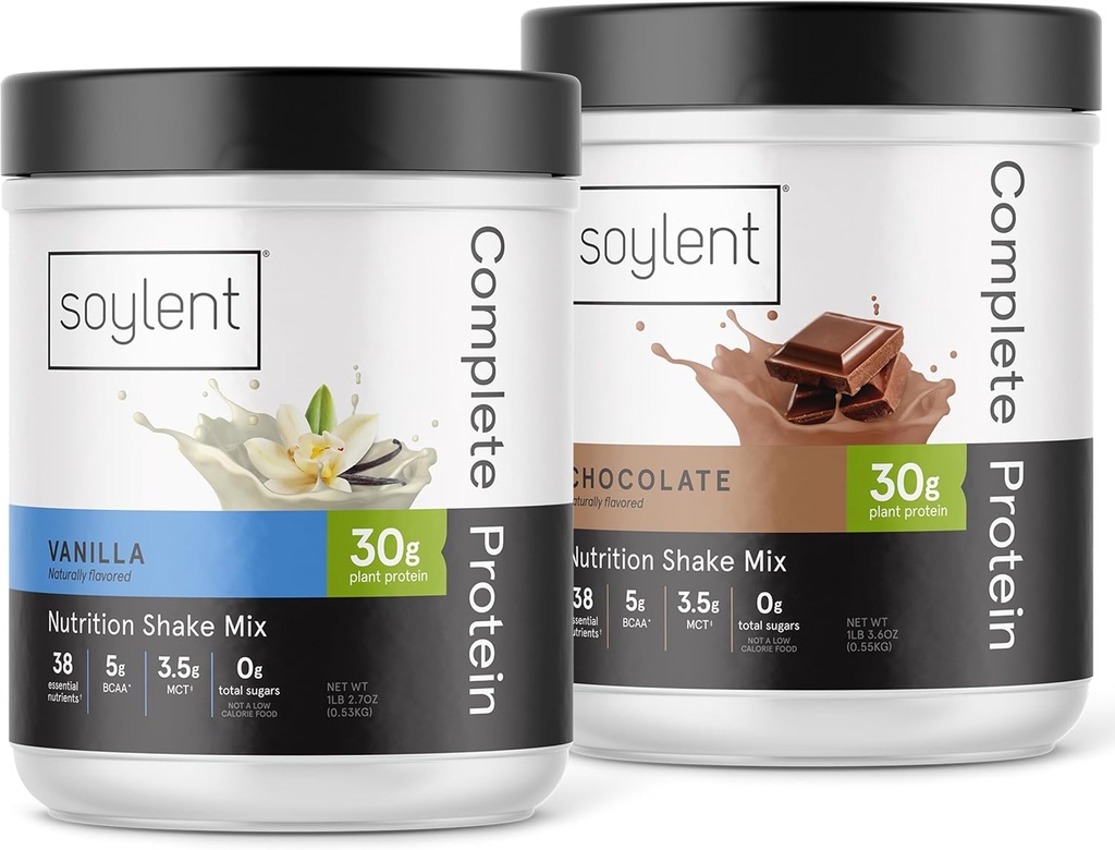 Bundle of Soylent Complete Protein Powder, 30g Protein Shake for Muscle Growth and Recovery, Zero Sugar, Glutenvrij, Veganistisch - Vanille & Chocolate (Two 1.25LBs Tubs)