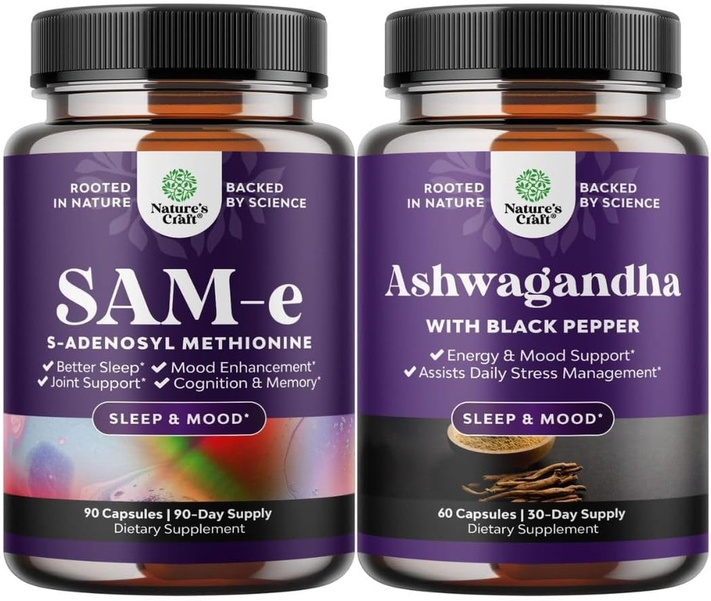 Bundel van Pure SAM-E Nootropic Brain Supplement en Mood Enhancer Biologische Ashwagandha Capsules - Hersenondersteuning Supplement - Thyroid Energy Focus en Adrenal Support