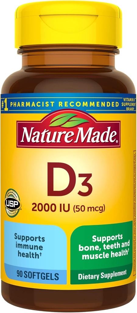 Nature Made Vitamin D3 2000 IE (50 mcg), Vitamine D Supplement voor bot, tanden, spier- en immuungezondheidsondersteuning, 90 Softgels, 90 dagen levering