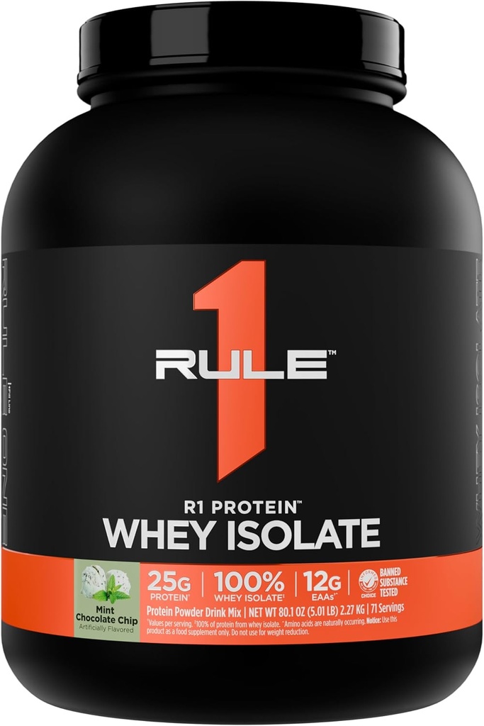 Artikel 1 R1 Proteïne Wei-isolaat - met 25g eiwit & 6g BCAA uitsluitend afkomstig van geïsoleerde en gehydrolyseerde bronnen voor workoutherstel (5 pond*, muntchocoladechip)