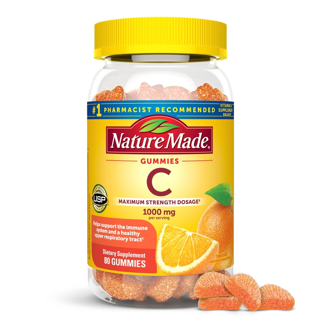 Natuur gemaakt maximale sterkte dosering Vitamine C 1000mg per portie, Immuun ondersteuning Vitamine C Gummies voor volwassenen, 80 Vitamine C Gummies, 20 dagen levering