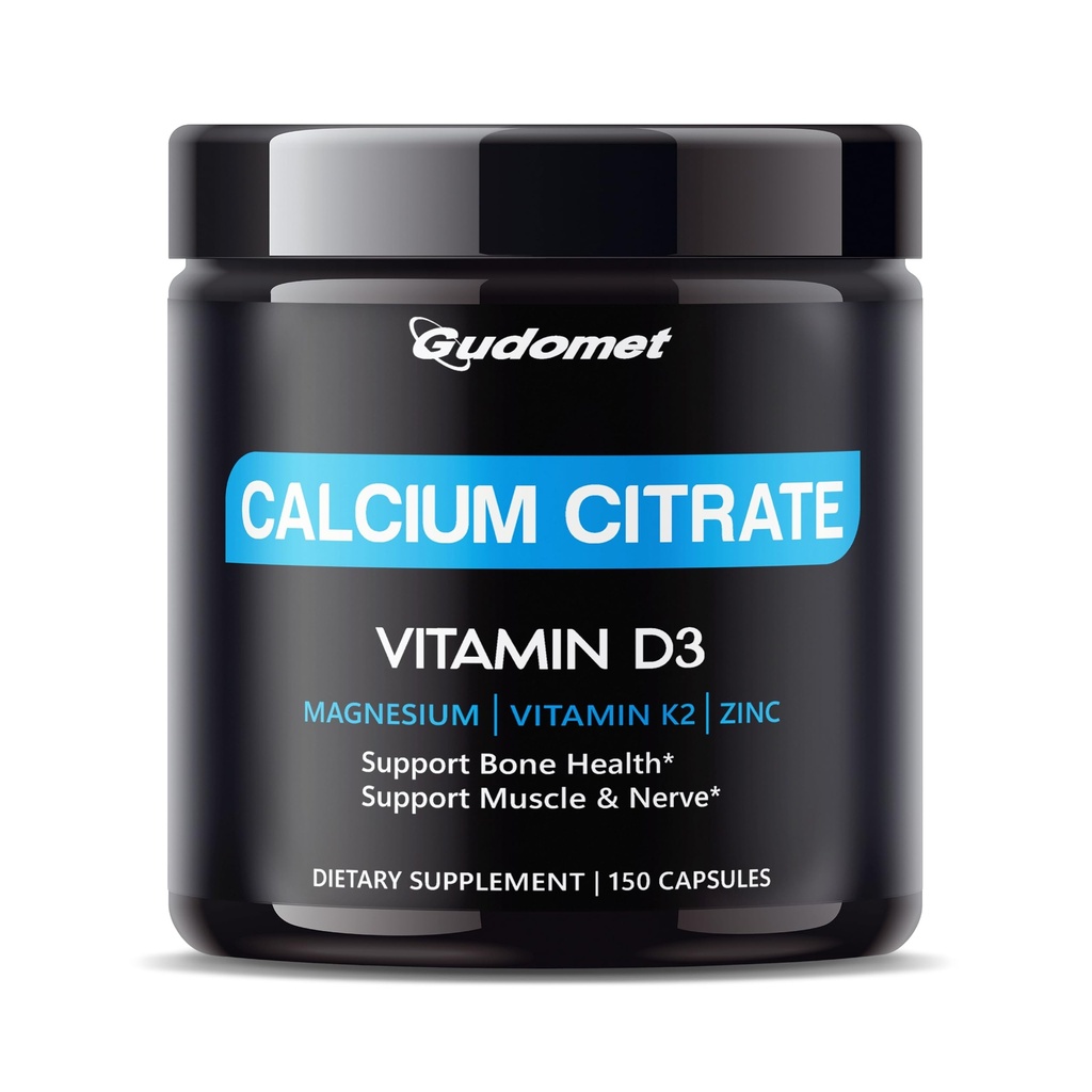 Hoog-absorptie Calciumcitraat met vitamine D3 & K2 - Ondersteunt bot, spier- en zenuwgezondheid - 150 capsules, Made in USA