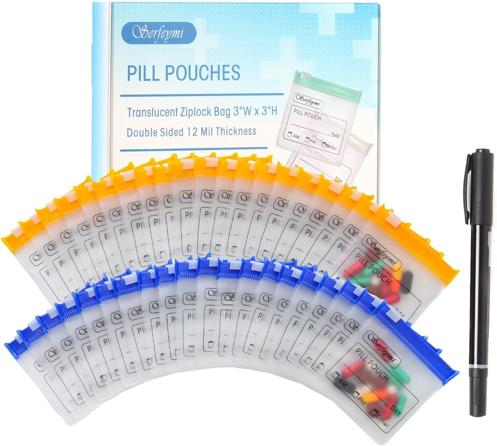 Serfeymi 72 Stuks Pill Pouch Tassen voor Reizen Herbruikbare Plastic Tassen 3"x3" 12 mil (Dubbelzijdig) Doorschijnende Zipper Pill Zakken voor Geneeskunde met Slide Lock & Writable Label, 1x Marker-Blue+ Geel