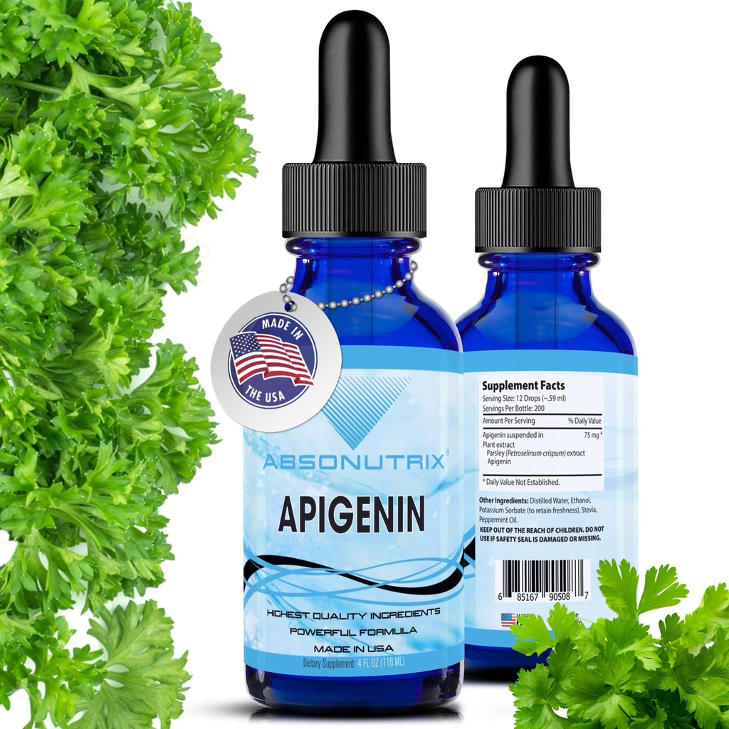 Absonutrix Apigenin 75 mg per Serving, 4 Fl Oz Bottle, 200 Potent Servings, Made in USA, Quick Absorptie, Quality Potent Ingredients, Non-GMO, GMP Certified Facility, Cruelty-Free Products