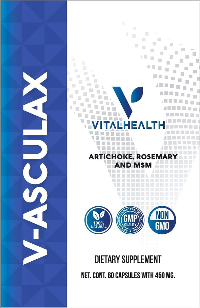 Vital Health V-Asculax Circulatie Support, hartgezondheid, bloedstroom, vochtretentie en arteriële Circulatie, natuurlijke kruidenformule met heks Hazel, Rue, Artichoke, Rosemary, MSM & Horsetail