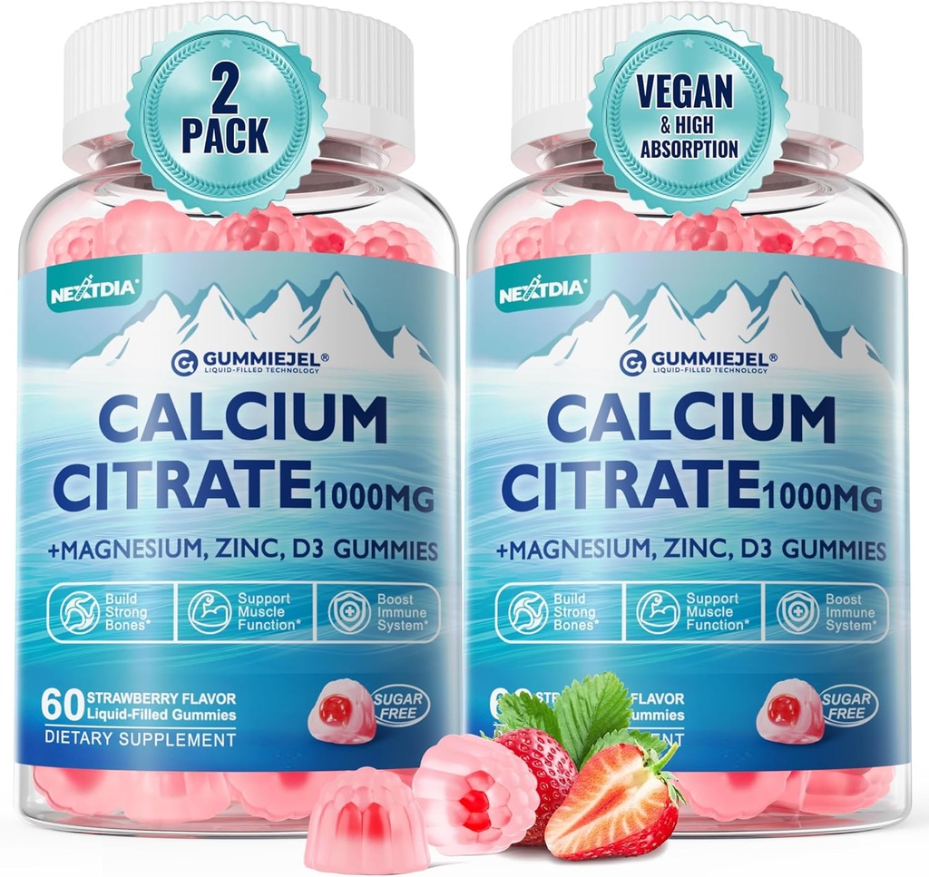 Calcium Citrate 1000mg, Calcium Gummies with Calcium & Magnesium 2:1 Ratio, Plus Vitamin D3, Zinc, B6 & Potassium – High Absorbable Calcium Chewable, Bone & Muscle Support, Vegan, Sugar-Free, 120Cts