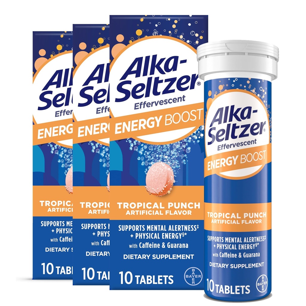 Alka-Seltzer Energie Boost: Cafeïne & Guarana, B Vitaminen, Ondersteunt Mentale Alertheid en Fysieke Energie, Dagelijkse Energie Supplement, Fizzy Tablets, Suikervrije, Lichte Tropische Punch Smaak, 30ct