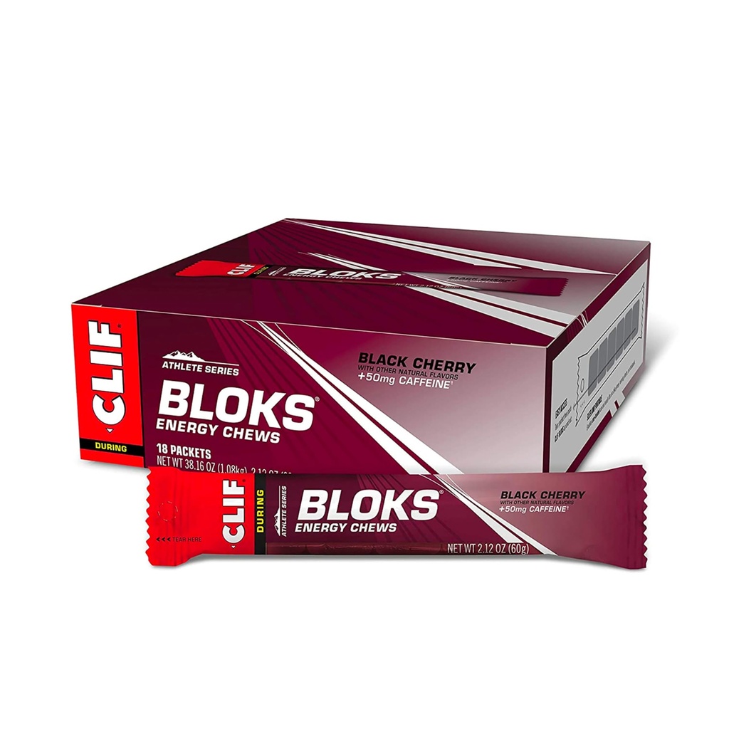 CLIF BLOKS - Black Cherry Flavor met Cafeïne - Energie Kauwen - niet-GMO - Planten - Snelle brandstof voor fietsen en hardlopen - Quick Koolhydraten en Elektrolyten - 2.12 oz. (18 Tel.)