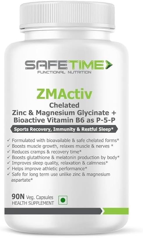 Safe.TIME ZMActiv Zink Glycinate, Magnesium Glycinate, Actieve Vorm Vitamine B6 P5P, Sport herstel, Rustige Slaap, Immuniteit, Glutathione Booster, Bio beschikbaar, Veilig (1 Hoeveelheid - 90 Veg Capsules)