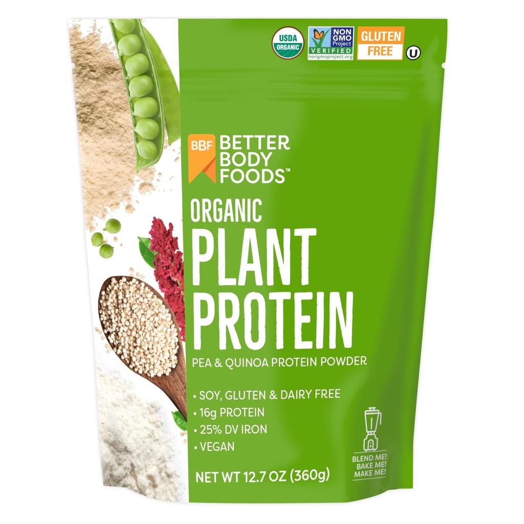 BetterBody Foods Organic Plant Based Protein Powder, 16g proteïne 24% DV, Vegan, Low Net Carbs, Glutenvrij, Zuivelvrij, Geen Suiker Toegevoegd, Sojavrij, Niet-GMO, 12,7 Ounces
