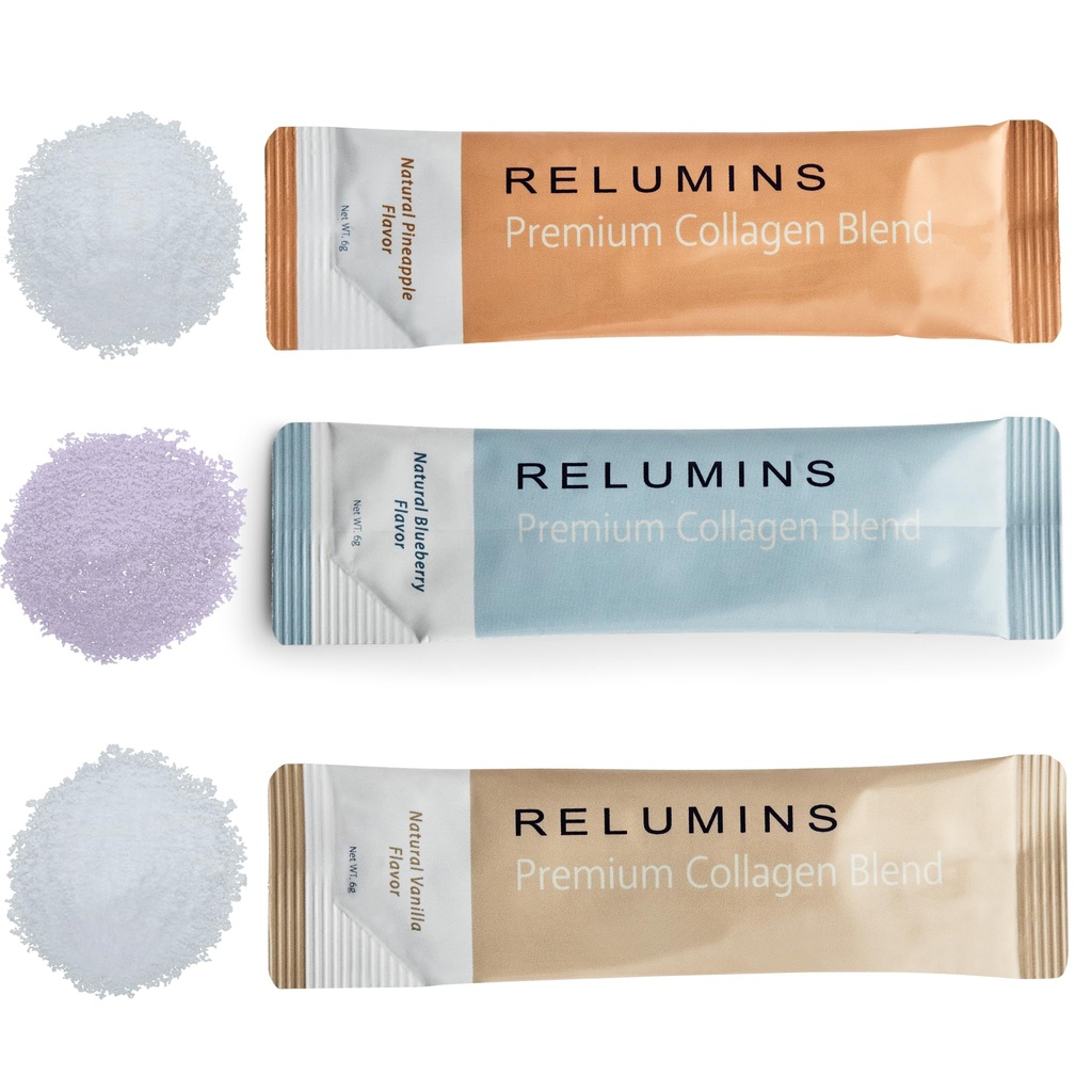 Relumins Marine Collagen Drink Mix 5000mg Type I, II, III Peptides with Glutathione, Green Tea, CoQ10 & Hyaluronic Acid for Smooth Glowing Skin - Mixed Flavor - 100 Sachets + 10 Free