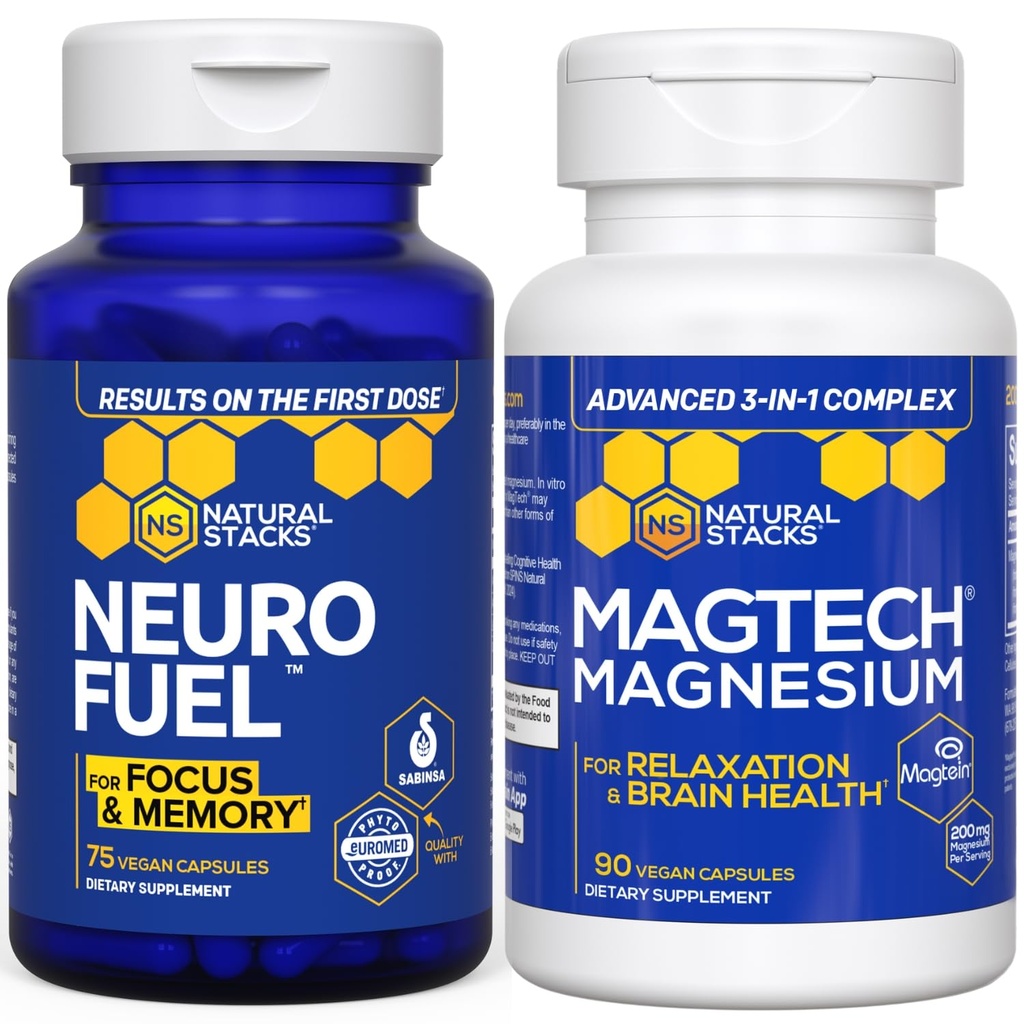 NATUURLIJKE STAKKEN MagTech Magnesium + NeuroFuel Nootrope Bundle - Ondersteunt Ontspanning, Focus & Brain Health* - 165 Totaal Capsules