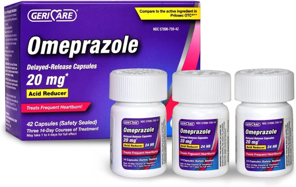 GeriCare Omeprazole Delayed Release Capsules 20.6mg - Acid Reducer Pills for 24 Hour Heartburn Relief - Acid Reflux Medicine to Treat Frequent Heartburn (42 Count)