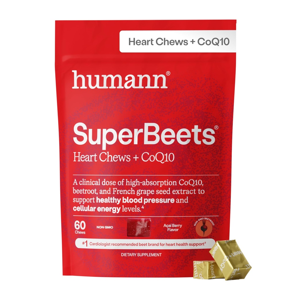 HumanN SuperBeets Heart Chews Advanced - 100mg CoQ10 Plus Beetwortel & Grape Seed Extract, 60 Tellen