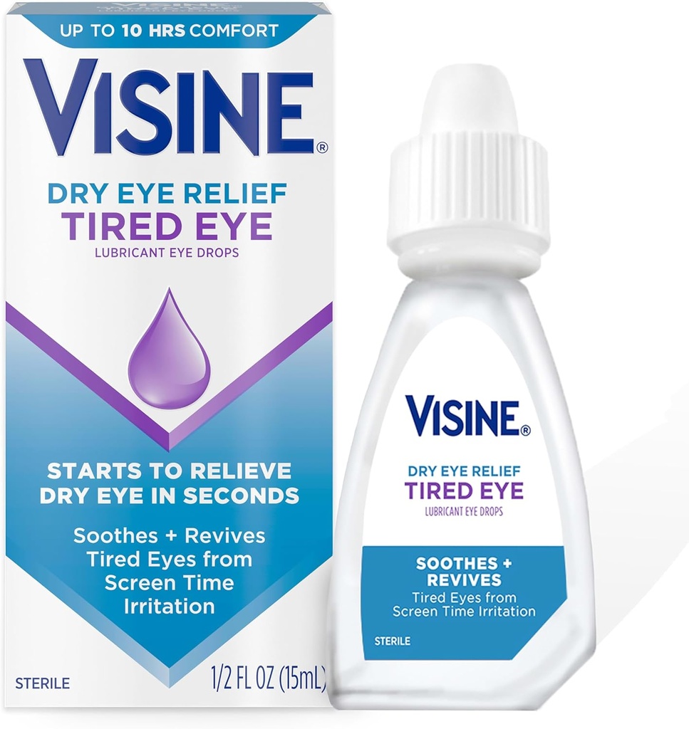 Visine droog oog verlichting moe oog slijmende oogdruppels, vochtinbrengende en verzachtende steriele druppels voor geïrriteerde, droge en moe ogen als gevolg van Screen Time Irritation, Polyethyleen Glycol, 0,5 fl.oz