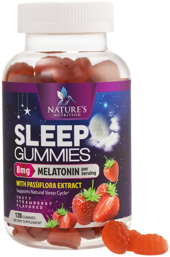 Slaap Gummies voor volwassenen Extra sterkte 8mg - Melatonine met Passiflora Extract voor rustgevende slaap - Snel handelen Melatonine Slaap Gummy Supplement, Vegan, Non-GMO, Smakelijke Aardbei Smaak - 120 Gummies