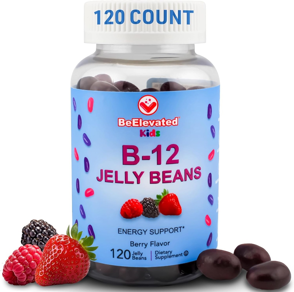 B12 Jelly Beans - Chewable Vitamins Gummies for Kids - Children's Vitamin Supplements - Vegan Energy B12 Gummy Supplement - 120 Berry Beans