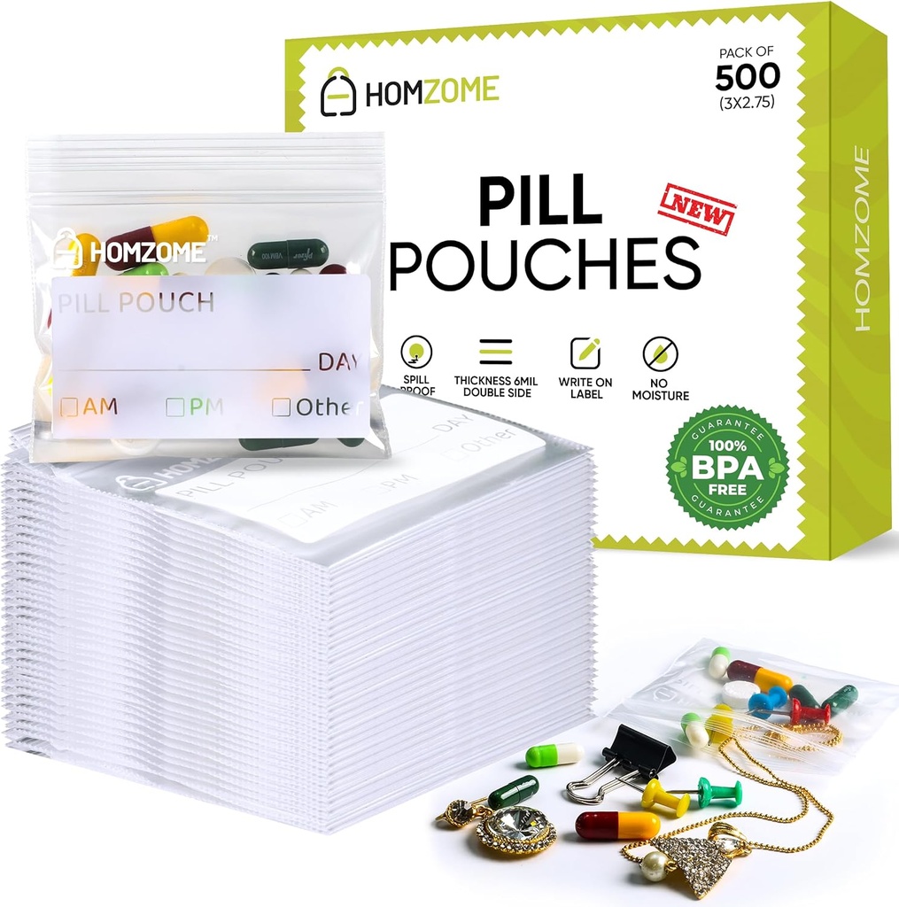 Homezome Pill Pouch Tassen 6 mil Pack van 500- BPA Gratis 3x2,75 inch Herbruikbare pil zakjes voor de geneeskunde met Schrijf op Label Clear Kleine ziplock Tassen voor pillen, sieraden en Travel Pill Organizer