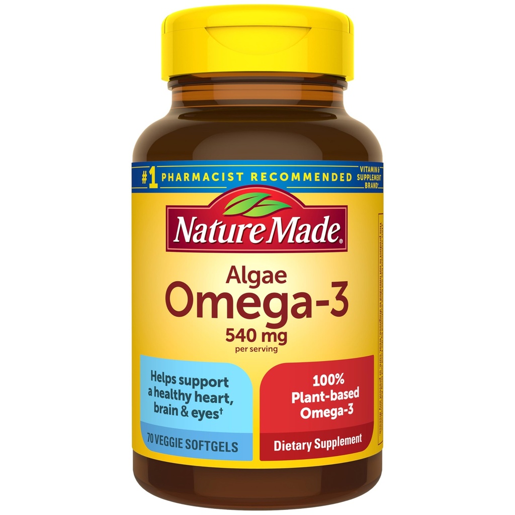 Nature Made Algae Oil Omega 3 Supplement 540mg, Omega 3 Fish Oil Alternative, 70 Veggie Softgels, Sustainable, Plant-Based, voor gezonde hart, hersenen en oogondersteuning, 70 Softgels